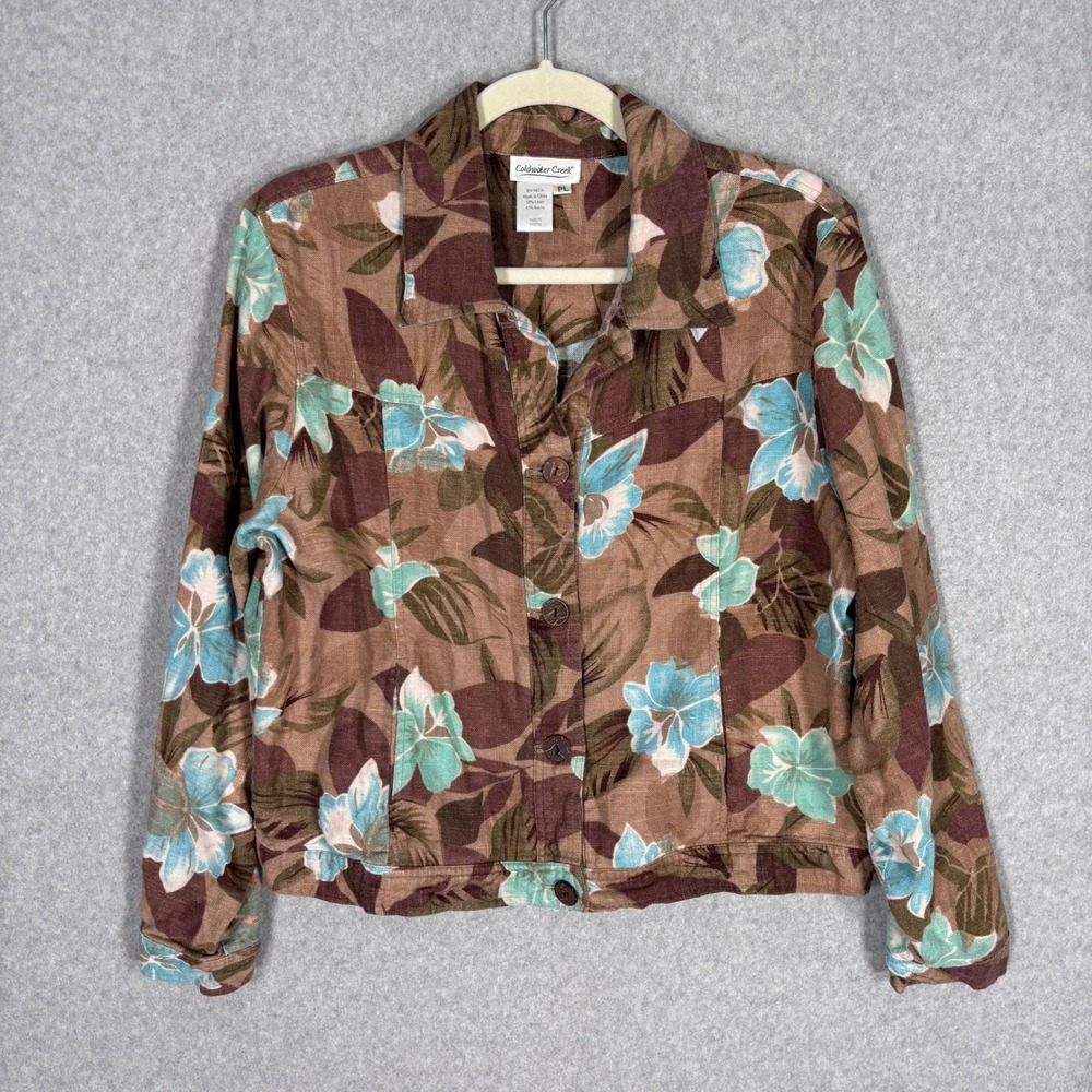 Coldwater Creek Linen Tropical Jacket PL Brown Turquoise Teal Floral Coastal